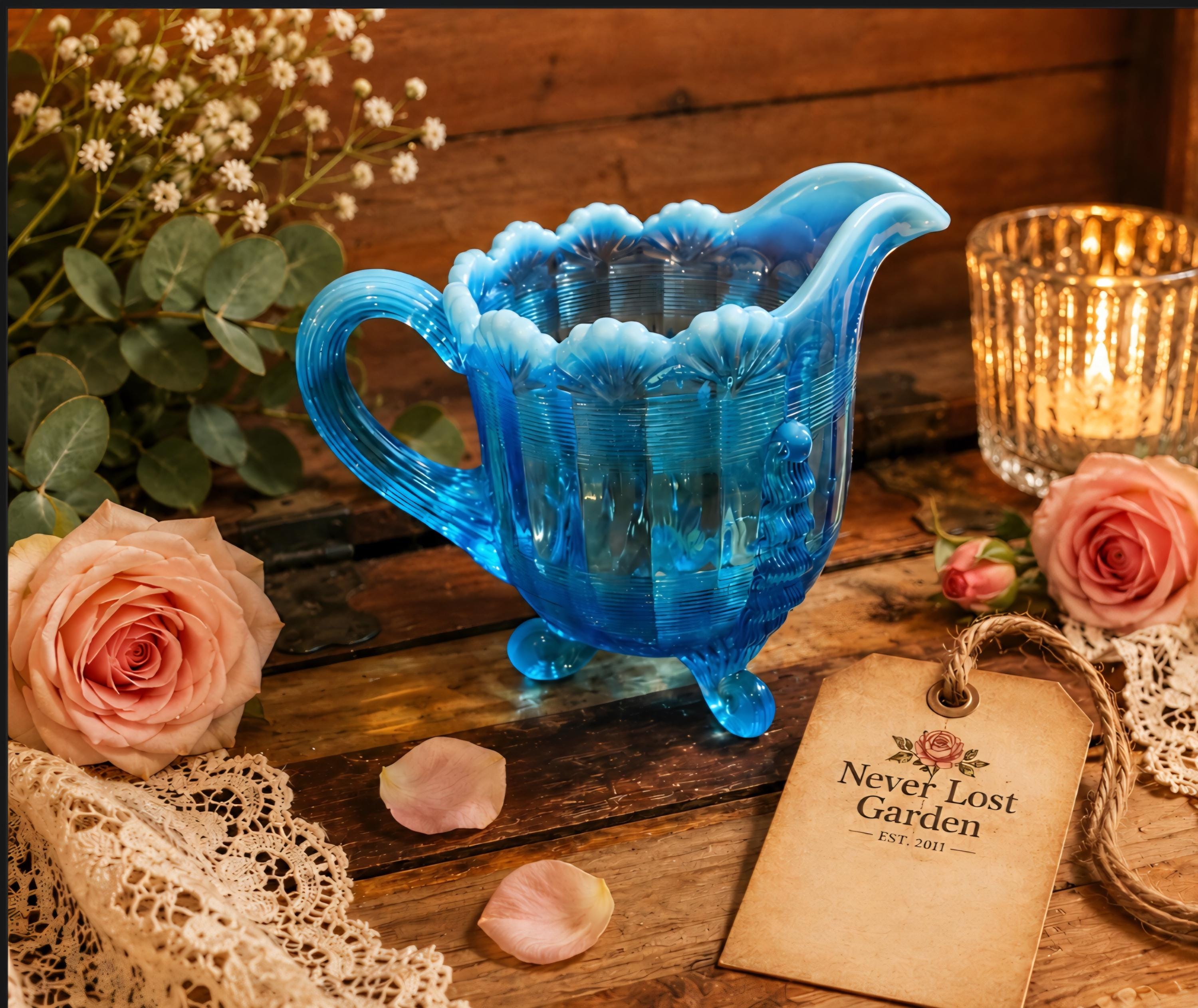 Cream Pitcher Northwood Glass Blue Opalescent Fluted Scroll