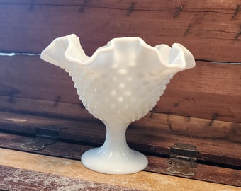 Ruffled Footed Compote Hobnail Fenton White Milk Glass Vintage