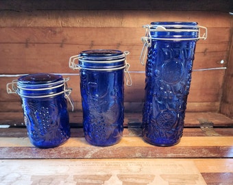 Cobalt Blue Embossed Fruit Wire Bail Canister Small Medium Large Vintage