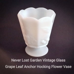 Flower Vase Milk Glass Grape Leaf Anchor Hocking Vintage