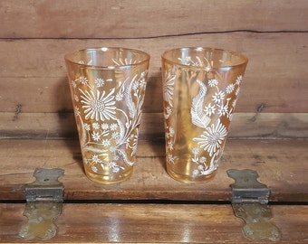 White Flowers Marigold Carnival Glass Tumblers Jeannette Glass Company