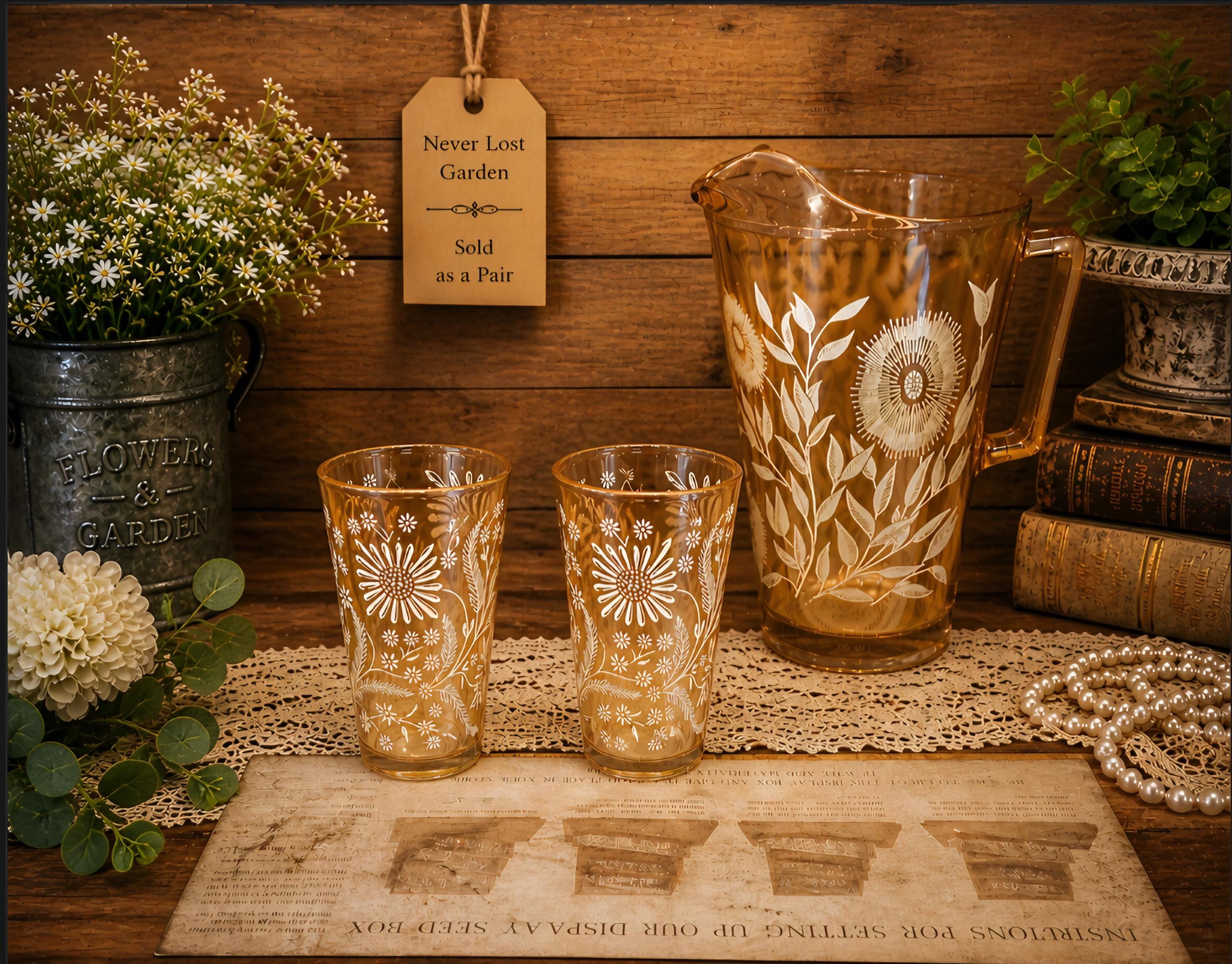 Cosmos Marigold Carnival Glass Pitcher Tumblers Jeannette Glass