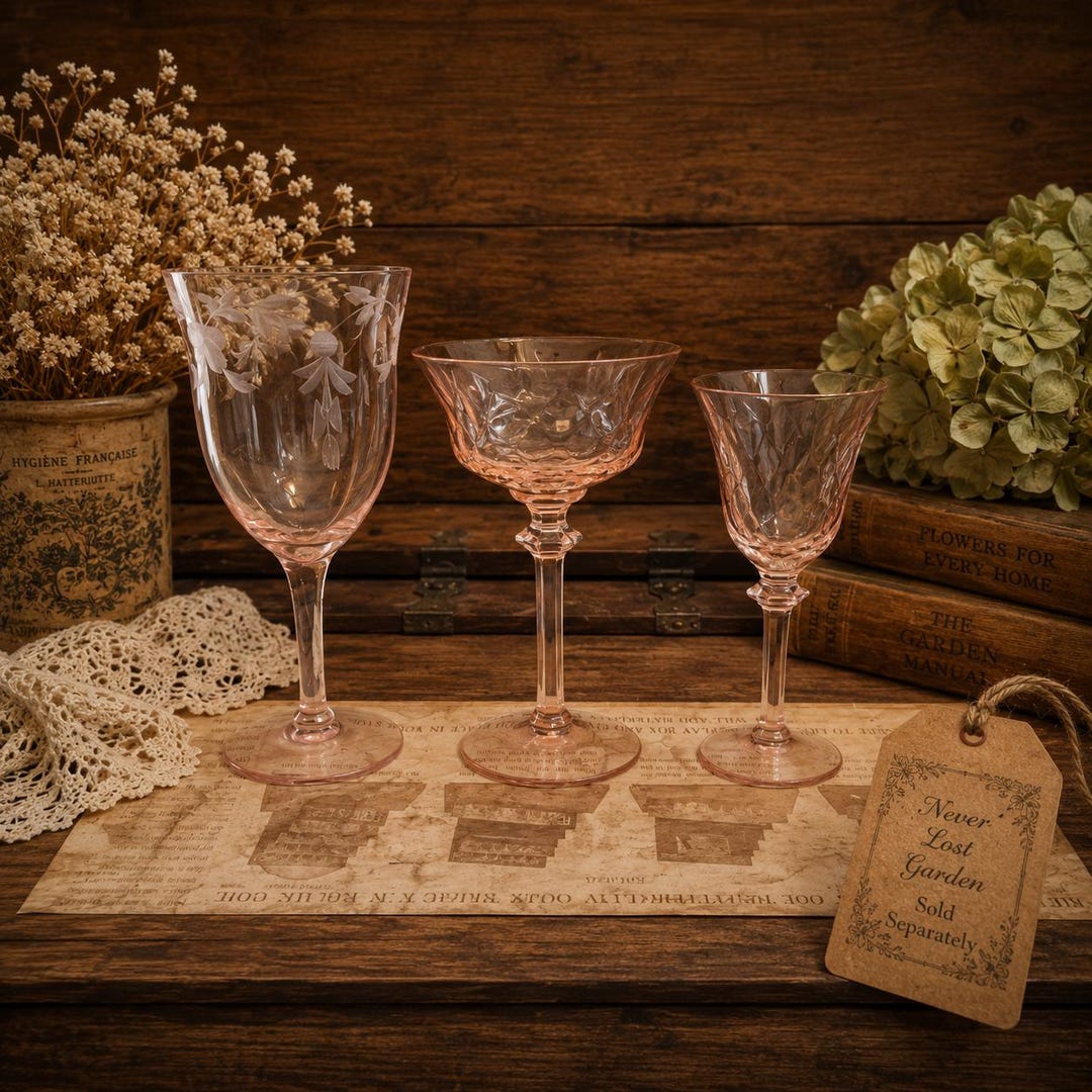 Pink Optic Tiffin Glass Etched Stemware Stem 14196 Diamond Optic
