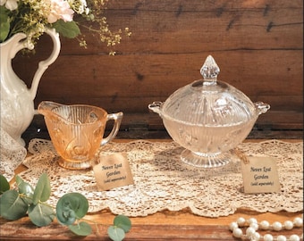Candy Bowl And Lid, Creamer Marigold Carnival Iris and Herringbone Jeannette Glass Company Vintage