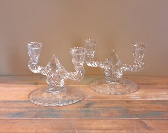 Double Arm Candleholder Tear Drop Etched FLower Basket New Martinsville Glass Company Vintage