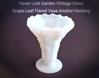 Flared Vase Milk Glass Grape Leaf Anchor Hocking Vintage
