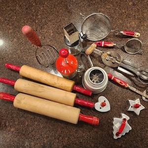 Country Farmhouse Kitchen Utensil Sifter Chopper Rolling Pin Vintage