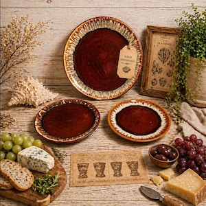 May include: A set of three brown and cream-colored ceramic plates with a rustic design. The plates are arranged with food items like grapes, cheese, and olives on a wooden surface. A tag on one plate reads "SOLD INDIVIDUALLY".