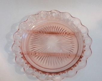 Anchor Hocking Lace Edge Old Colony  Pink Glass Relish Plate Vintage