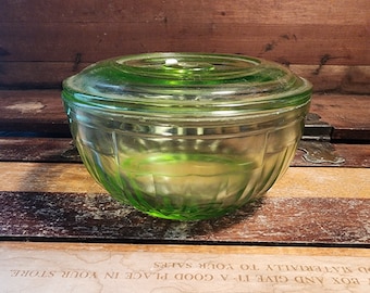 Drippings Jar and Lid Canister Green Pillar Optic Hocking Glass Vintage