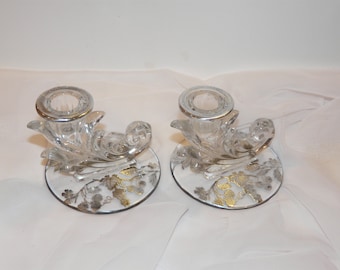 Fostoria Glass Silver Flower Overlay Candle Holder Candlesticks Vintage