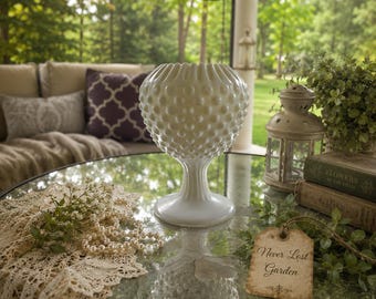 Ivy Ball Pedestal Vase Crimped Milk Glass Fenton Glass Vintage