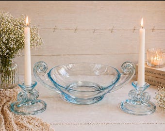 Azure Blue 2395 Candle Sticks and Console Bowl Set Fostoria Glass Company Vintage
