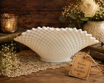 Oval Crimped Bowl Large 12 Inch English Hobnail Milk Glass Westmoreland Vintage