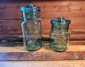 Aqua Mason Ideal Blue Glass Bail and Wire Quart Pint Canning Jar Antique