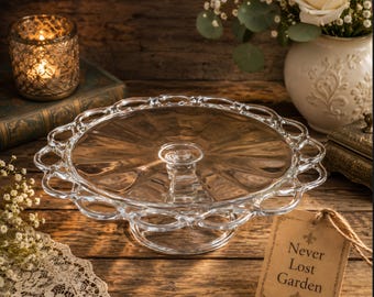 Cake Stand Crocheted Crystal Open Work Lace Edge Imperial Glass Company Vintage