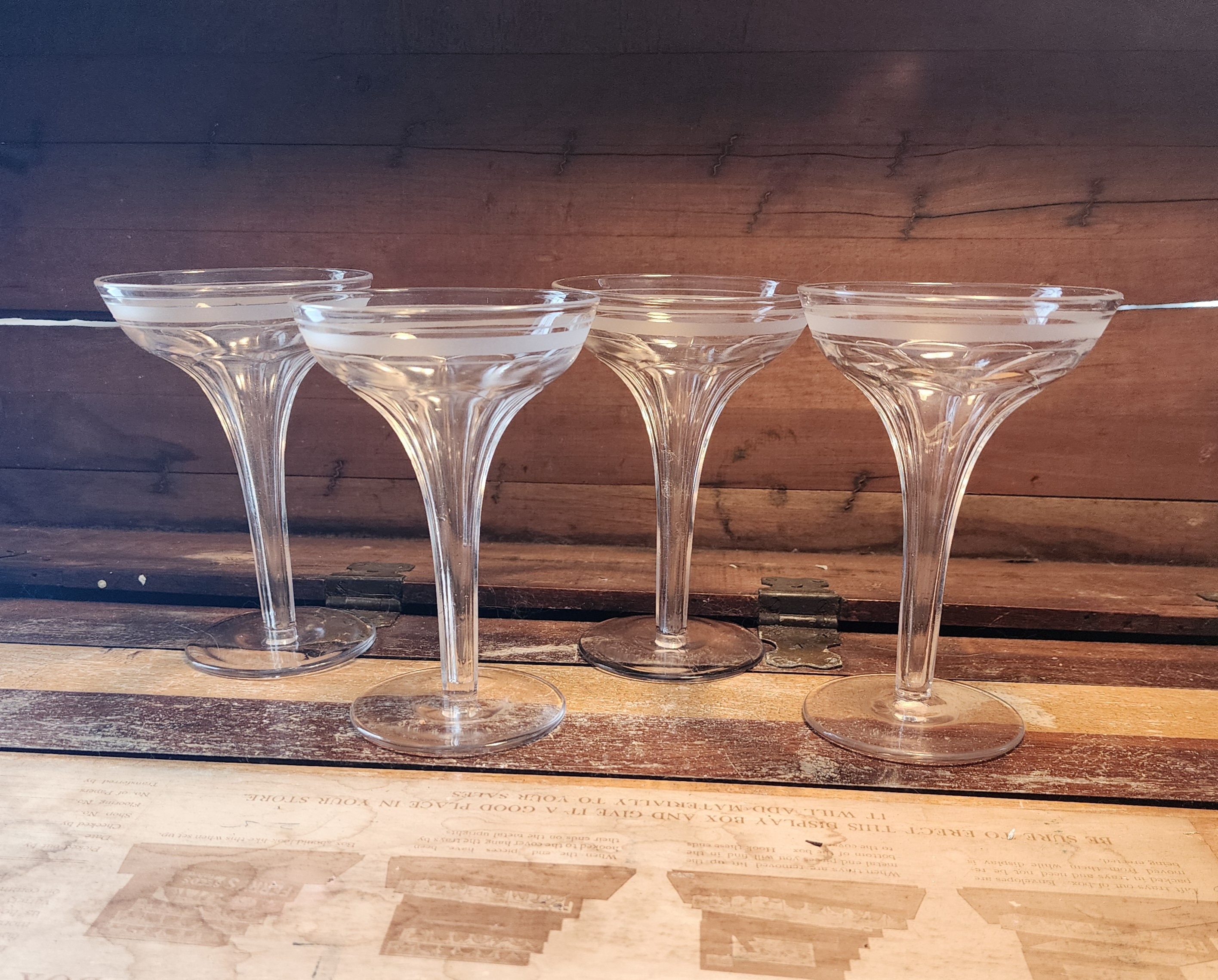 Champagne Flutes Hollow Stem Three Band Etched Boston and Sandwich Glass  Company Antique