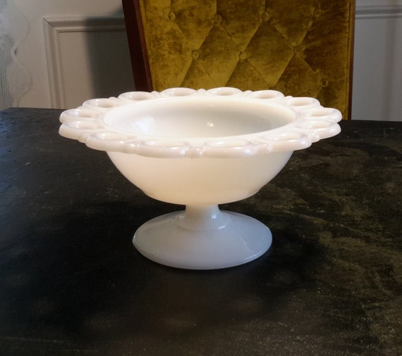 Anchor Hocking Old Colony Milk Glass Medium Compote Lace Edge Vintage 