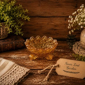 May include: A decorative amber-colored glass bowl with a starburst pattern, resting on three small feet. The bowl is on a wooden surface, with a tag that reads "Never Lost Garden". The scene includes greenery and a vintage book.