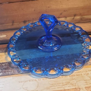 Open Lace Pattern #44 Cobalt Blue Serving Platter Center Handled Co-Operative Flint Glass Vintage