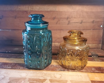 Large Teal Blue Small Amber Glass Canister Show Off Federal Glass Vintage