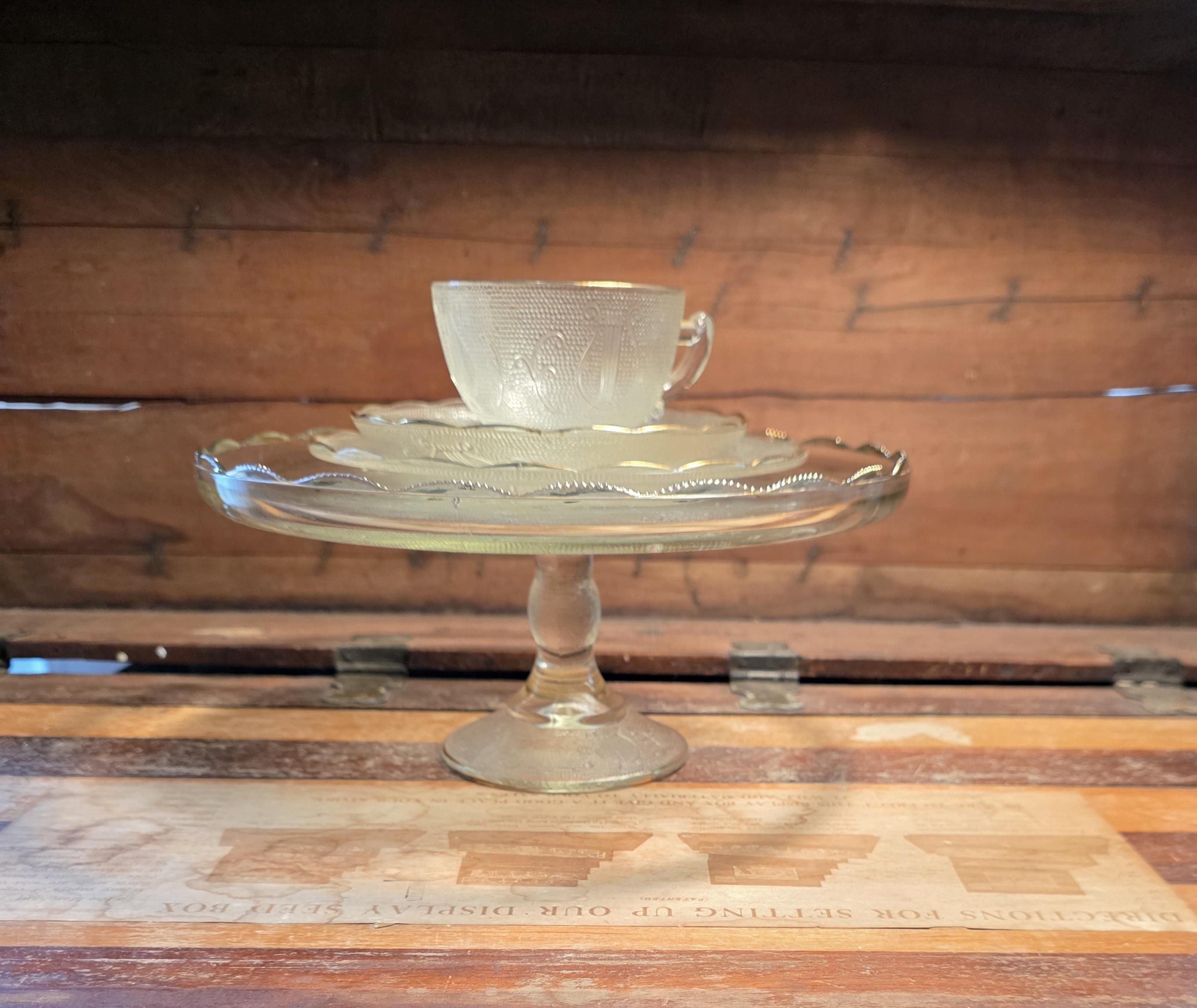Cup and Saucer Salad Plate Cake Stand Harp Glass Gold Trim Jeannette Glass Vintage