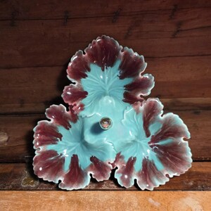 Vintage Enchanto Pottery Leaf Nut Bowl: Turquoise Purple Drip Ware Ceramic