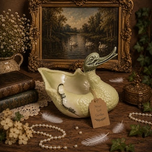 May include: A pale yellow ceramic duck-shaped bowl with a textured body and a smooth, sage green head. A brown paper tag is tied around the neck with twine, featuring the printed text "Never Lost Garden" and a small decorative leaf illustration.