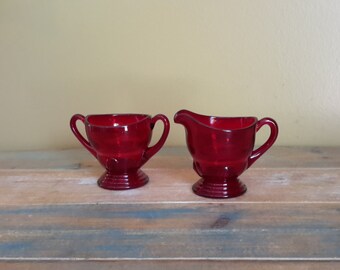 Ruby Red Sugar and Creamer Set Moondrops New Martinsville Glass Vintage