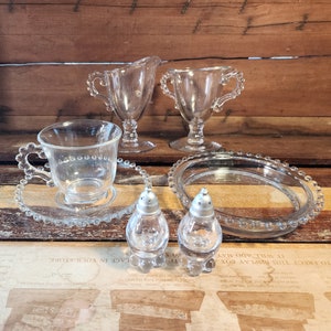 Shakers Metal Lids, Cheese Bowl Dish, Cup and Saucer, Cream and Sugar Candlewick Imperial Glass Company Vintage