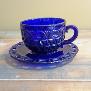 Cup and Saucer Lace Edge Belmont Ritz Cobalt Glass Imperial Vintage