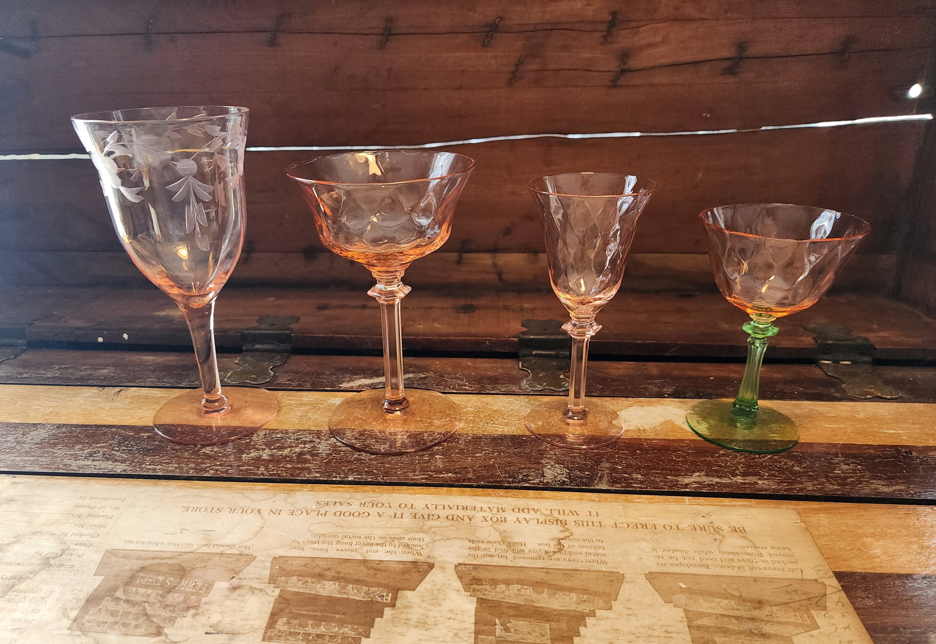Pink Optic Tiffin Glass Etched Stemware Stem 14196 Diamond Optic