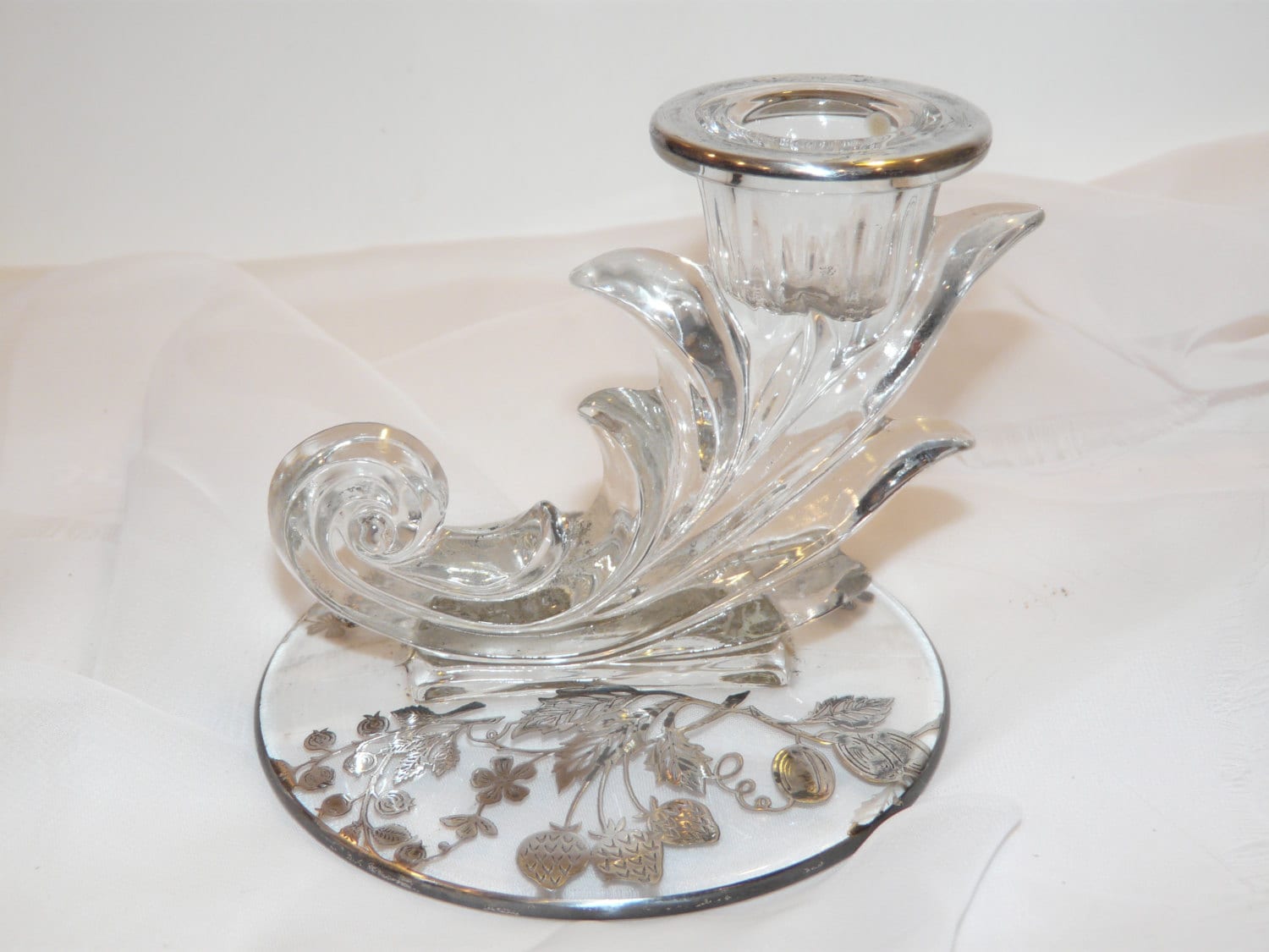 Fostoria Glass Silver Flower Overlay Candle Holder Candlesticks Vintage 