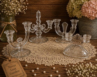 Glass Double Arm Candle Holders Lucy Paden City Sandwich, 15360 Tiffin, Sandwich Duncan Miller Glass Company Vintage