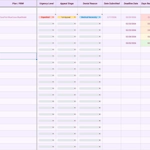 May include: A spreadsheet with multiple columns and rows, displaying data. The columns include headings such as "Case ID", "Patient Initials", "Medication / Service", and "Deadline Date". The spreadsheet has a light purple header and a white background.