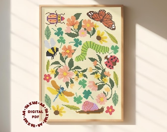 Bugs and Flowers Cross Stitch Pattern (Needlepoint Compatible), Instant Download PDF
