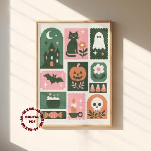 May include: A cross stitch pattern print featuring a grid of Halloween-themed icons including a haunted house, black cat, ghost, bat, jack-o'-lantern, flower, candy corn, cauldron, candle, and skull in shades of green, pink, and orange.