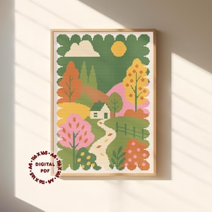 May include: A cross stitch pattern featuring a landscape with a small house, a winding path, and colourful trees in shades of orange, yellow, and pink against a green background. The design includes a yellow sun and white cloud, with text 116 x 165.