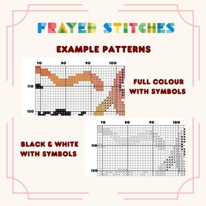 May include: A cross-stitch pattern guide titled FRAYED STITCHES featuring two example grids. One grid displays full color with symbols, while the other shows black and white with symbols. Both grids include numbered axes ranging from 70 to 120.