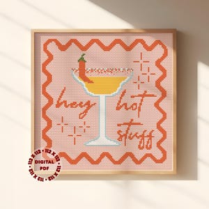 May include: Framed cross-stitch artwork depicting a margarita cocktail with a chilli pepper garnish. The words "hey hot stuff" are stitched in orange on a pink background. The design includes decorative elements.
