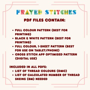 May include: A digital information sheet titled FRAYED STITCHES in multicolored pixelated font. It lists PDF contents including full color, black and white, and single-sheet patterns, plus a cross stitch app file, thread color lists, and 8m skein counts.