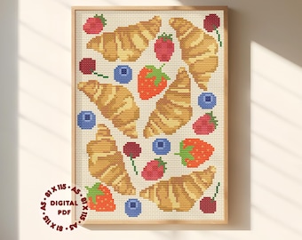 Croissant and Berries Cross Stitch Pattern (needlepoint compatible), Instant Download PDF Pattern