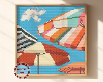 Summer Beach Umbrellas Cross Stitch Pattern (Needlepoint Compatible), Instant Download PDF