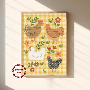 May include: A cross-stitch pattern featuring four chickens in brown, tan, white, and black with white polka dots, set against a yellow and white gingham background. The design includes small green plants and red and orange flowers. Text reads 81 X 115.