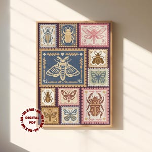 May include: A cross-stitch pattern featuring a collection of insect illustrations arranged like postage stamps. The design includes various beetles, moths, and butterflies in shades of blue, pink, and brown. Text reads 42 and 116 x 165.