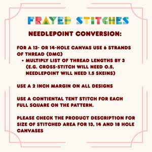 May include: An informational graphic titled FRAYED STITCHES with dark red text on a light background. It provides needlepoint conversion instructions for 13 or 14-hole canvas, specifying 6 strands of DMC thread, a 2 inch margin, and continental tent stitch.