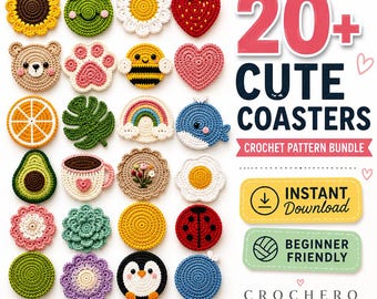 Bundel met meer dan 20 haakpatronen voor onderzetters (PDF) | Leuke amigurumi onderzetters | Geschikt voor beginners | DIY woondecoratie cadeau | Direct te downloaden
