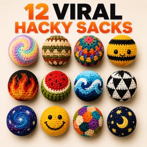 May include: Twelve crocheted hacky sacks arranged in a grid, featuring various designs including a pastel swirl, geometric patterns, a bee, fire flames, a watermelon, ocean waves, black and white triangles, stars, a smiley face, and a moon.