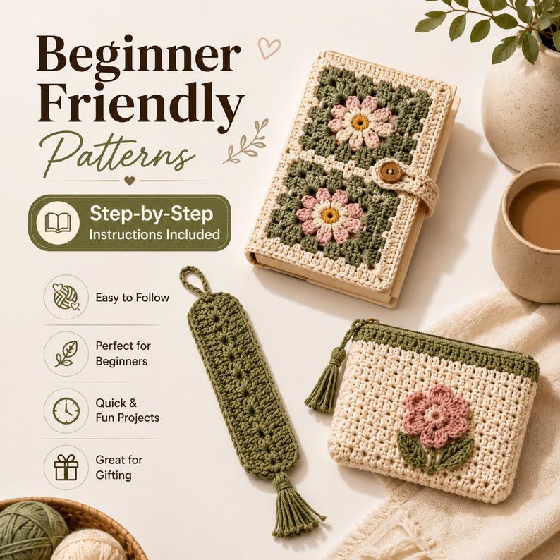 May include: A crochet book cover with two floral granny squares, a matching olive green crochet bookmark with a tassel, and a small cream and green crochet pouch with a pink flower motif. The text reads Beginner Friendly Patterns.