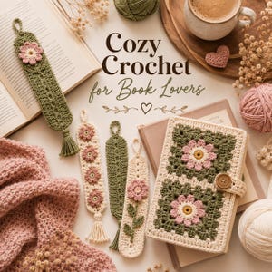May include: A collection of handmade crochet items including four bookmarks and a book cover. The bookmarks feature floral motifs in green, cream, and pink with tassels. The book cover is made of two granny squares with pink flowers.